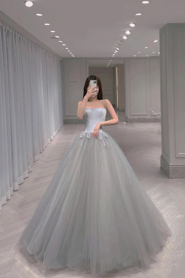 Wholesale Gray Tulle Long A-Line Prom Dress Cute Strapless Evening Party Dress